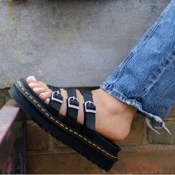 Dr. Martens Blaire Sandals Leather Platform Slides 3 Straps Buckles Unisex - Picture 1 of 11